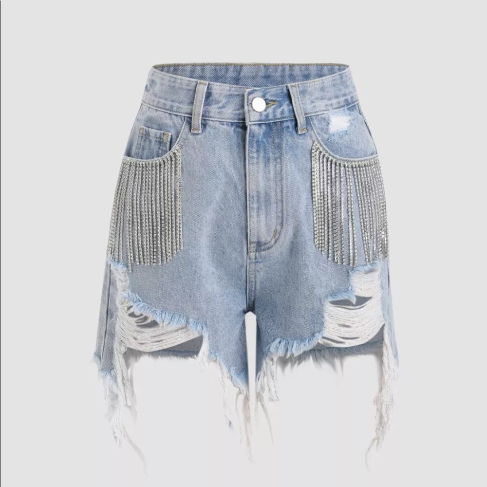 CIDER Diamond Tassels Ripped Denim Shorts S